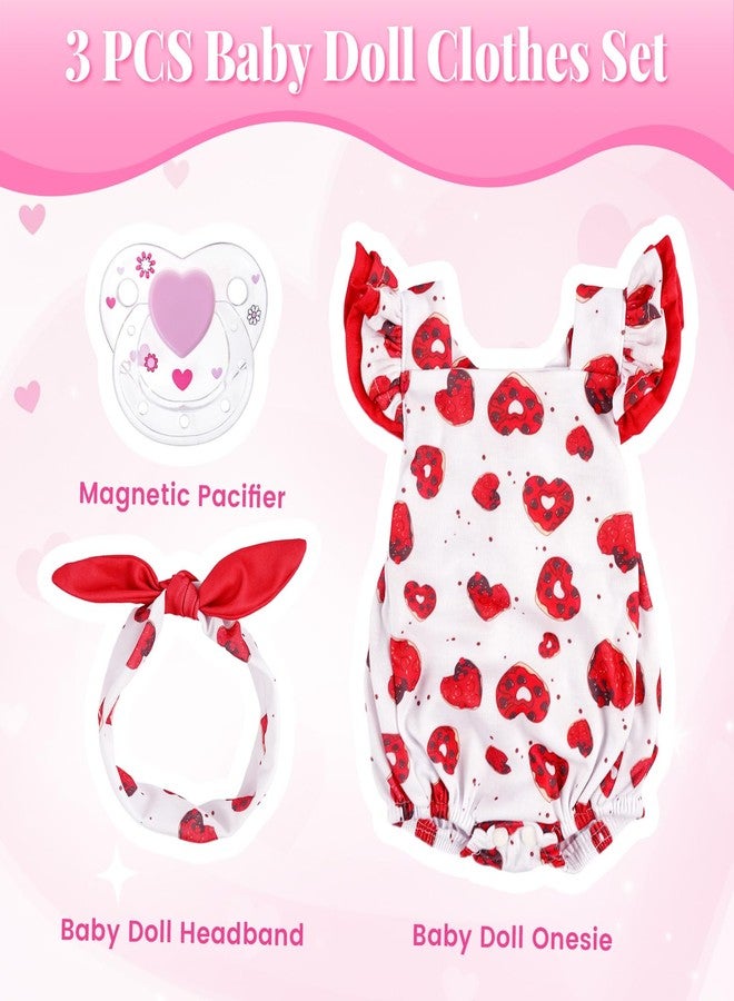 BABESIDE طقم ملابس دمى أطفال حديثي الولادة من 3 قطع من BABESIDE، مناسب للدمى من 17 إلى 22 بوصة، يتضمن إكسسوارات ملابس مزينة بنقشة قلوب، باللون الأحمر. - Image 3